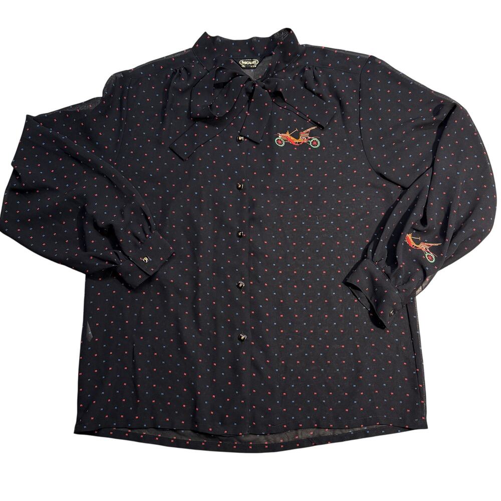 Vintage 70 80s Novelty Car Tie Neck Bow Blouse Retro Holiday Christmas Top Large